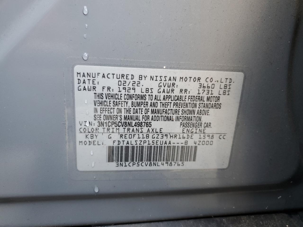 2022 NISSAN KICKS SV VIN:3N1CP5CV8NL498765