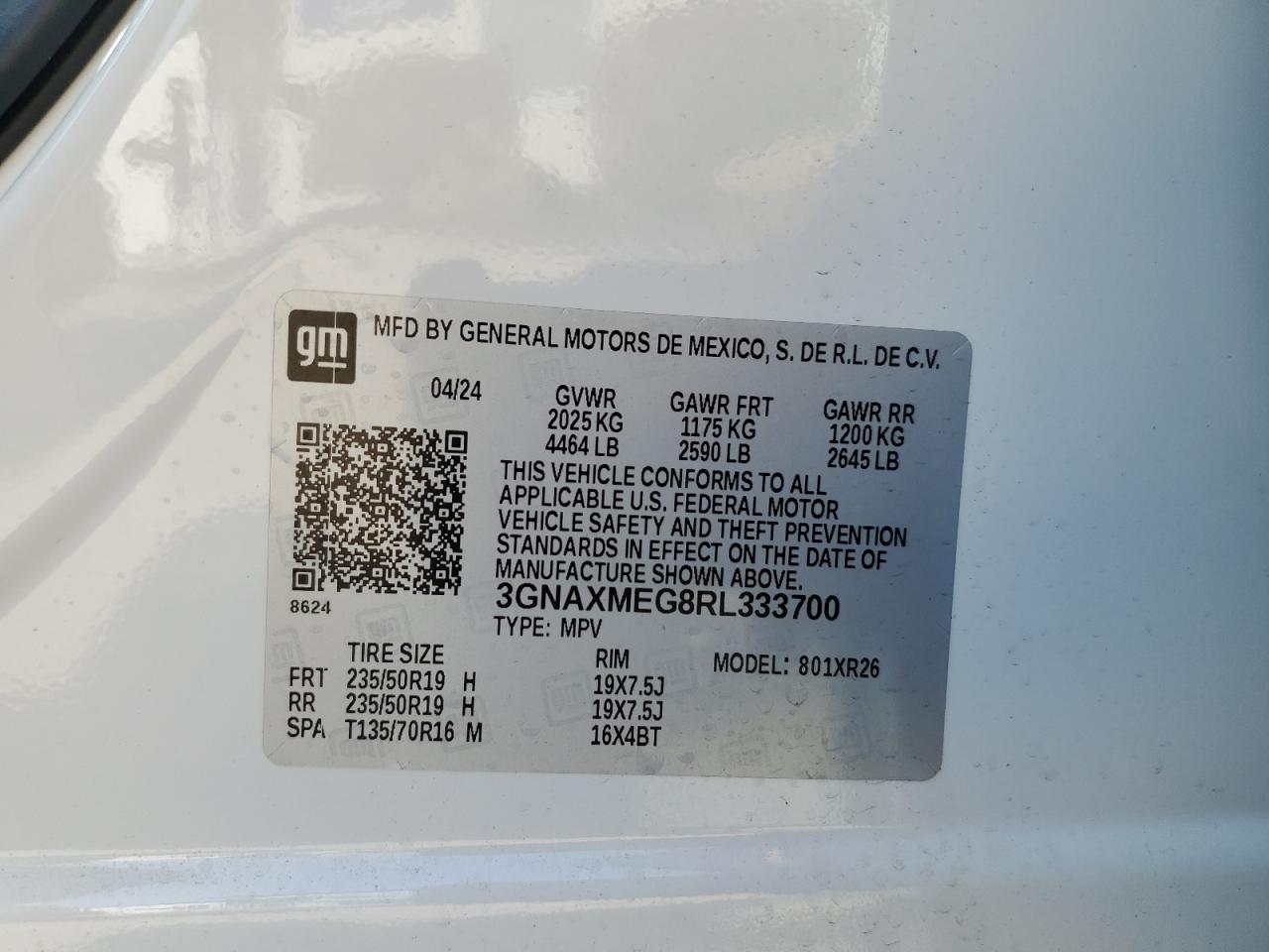 2024 CHEVROLET EQUINOX RS VIN:3GNAXMEG8RL333700