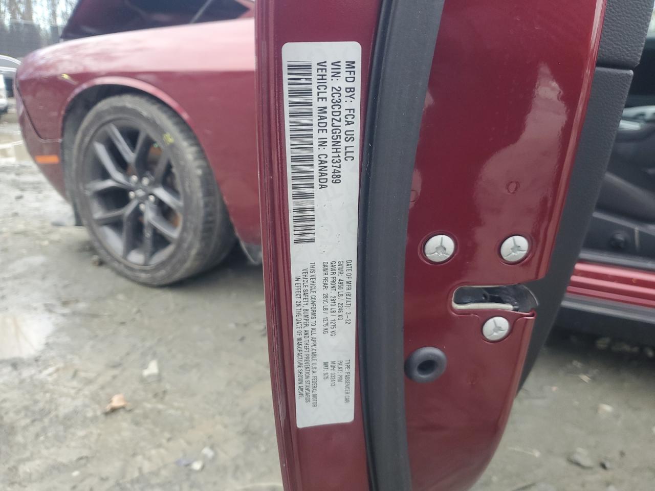 2022 DODGE CHALLENGER GT VIN:2C3CDZJG5NH137489