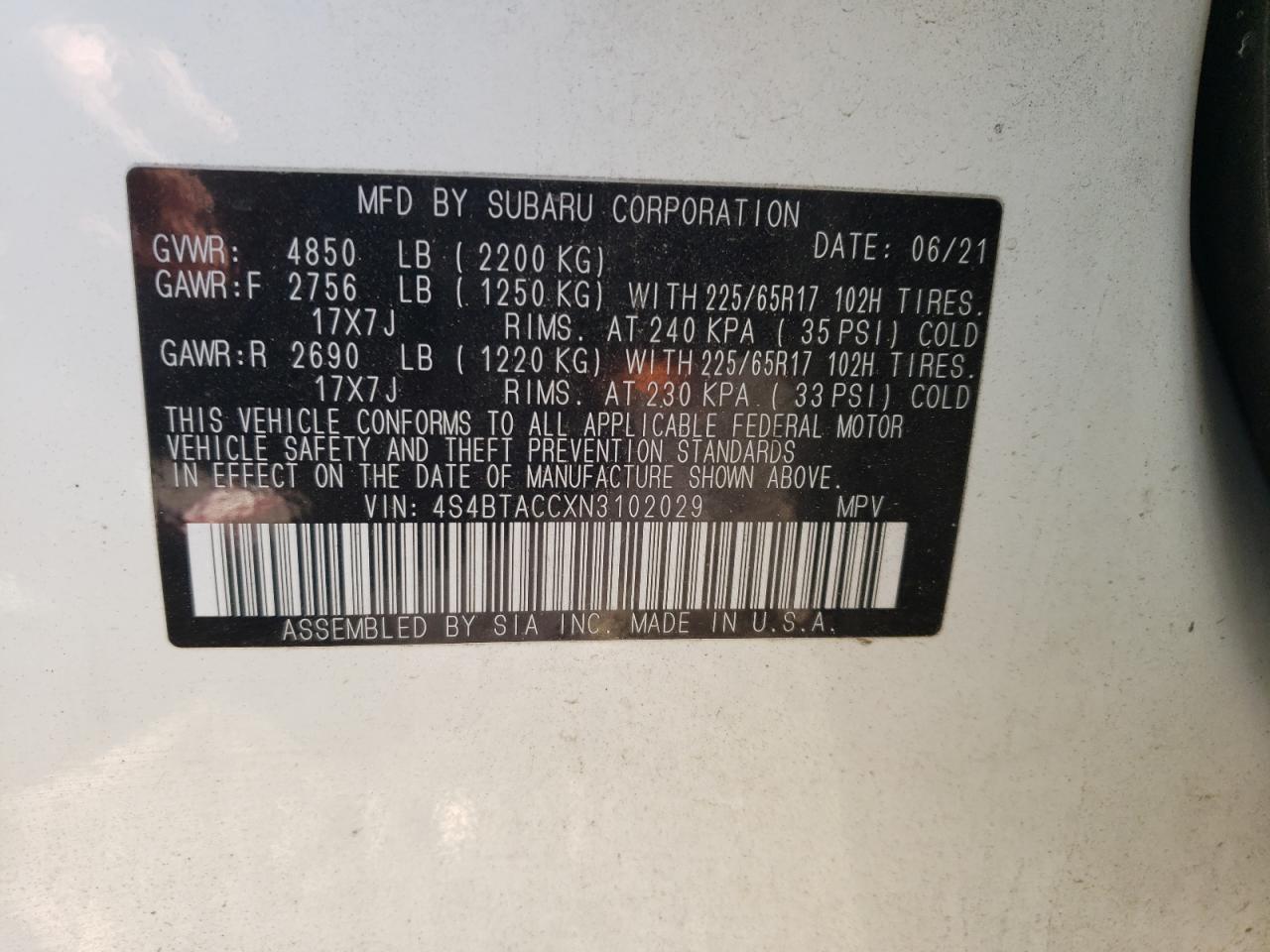 2022 SUBARU OUTBACK PREMIUM VIN:4S4BTACCXN3102029