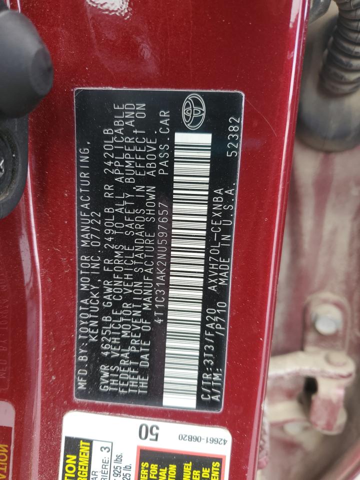 2022 TOYOTA CAMRY LE VIN:4T1C31AK2NU597657