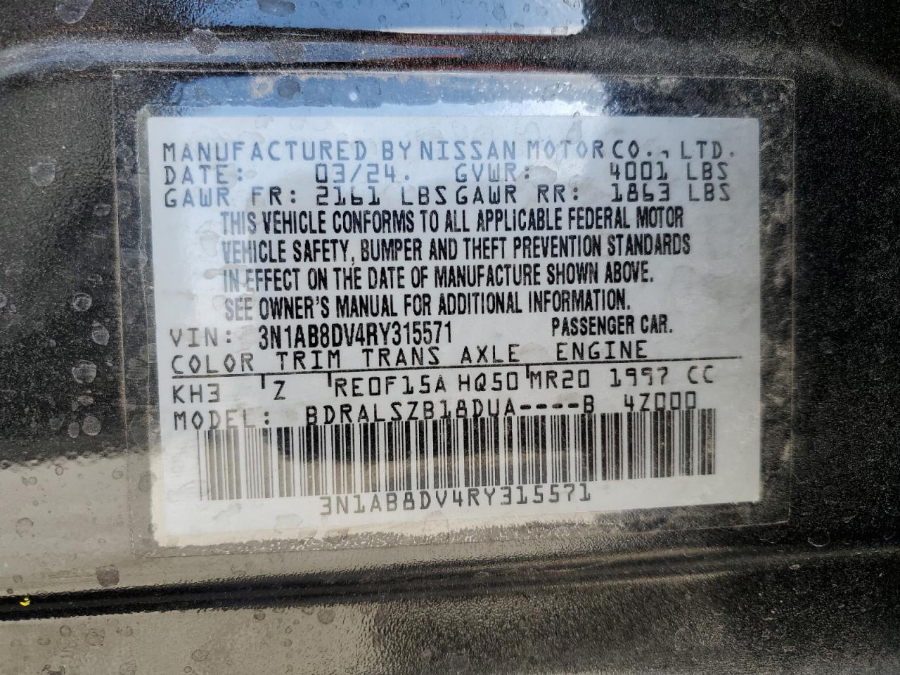 2024 NISSAN SENTRA SR VIN:3N1AB8DV4RY315571