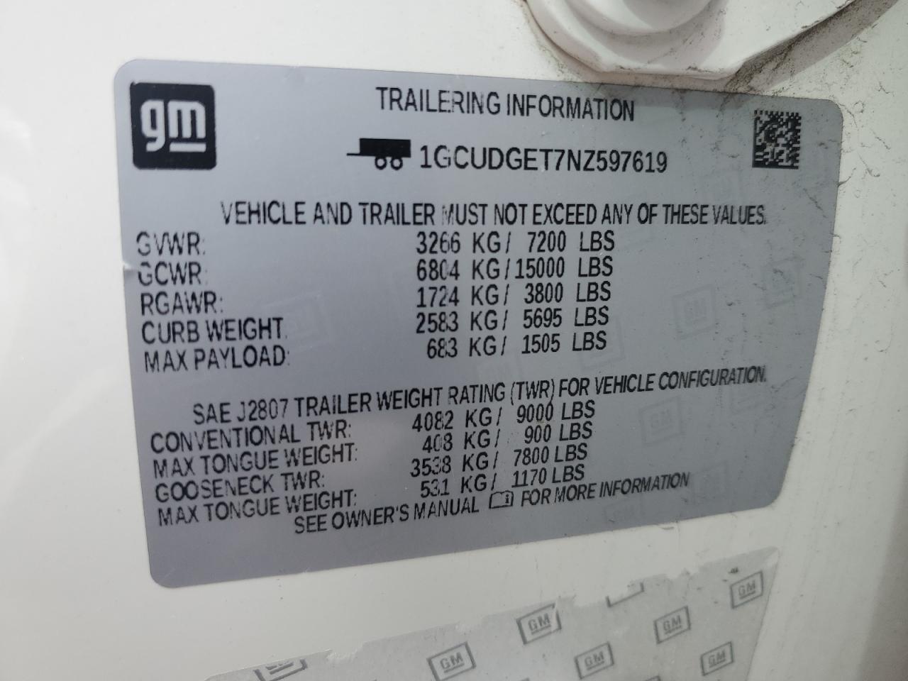 2022 CHEVROLET SILVERADO K1500 LTZ VIN:1GCUDGET7NZ597619