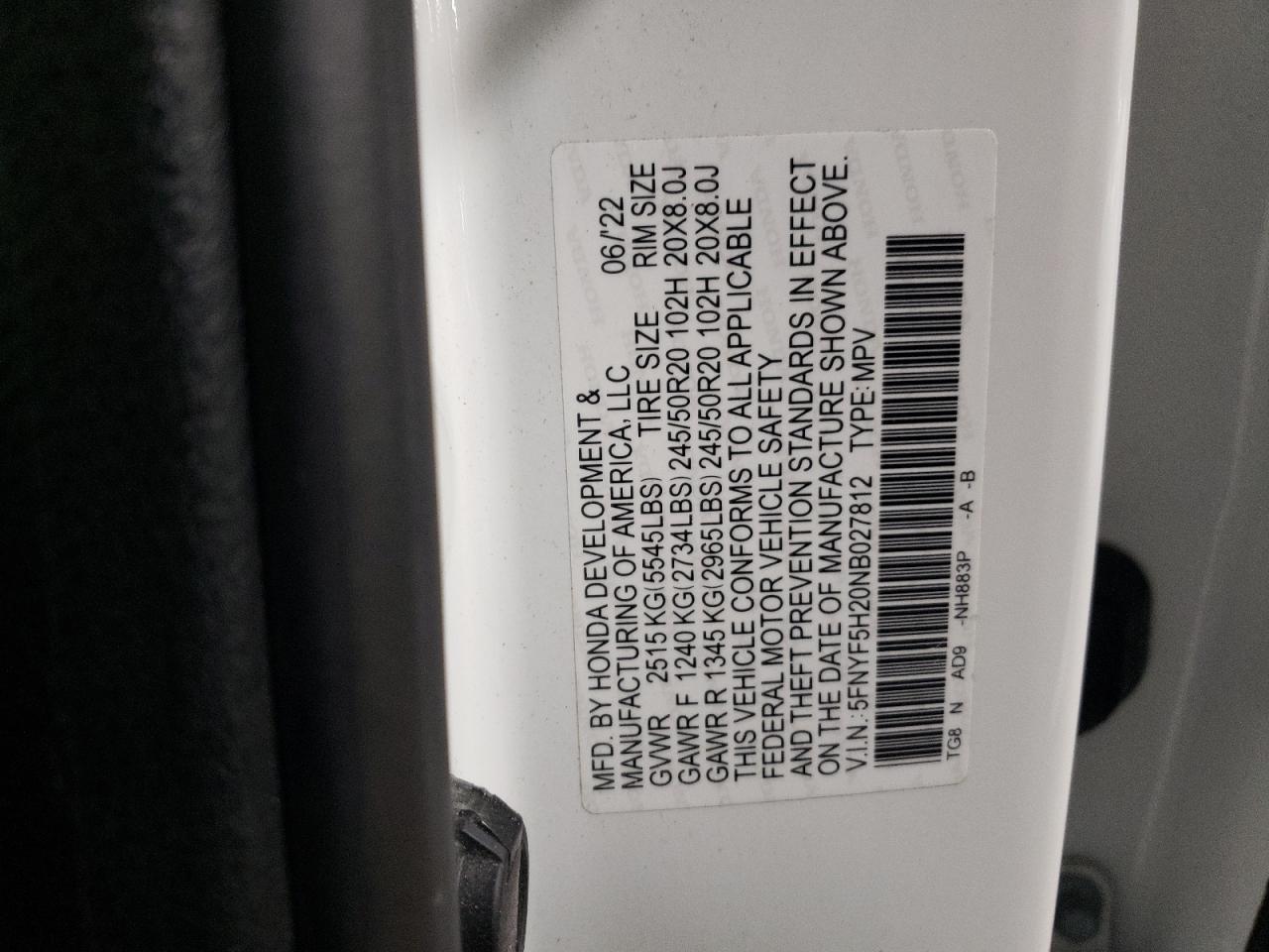 2022 HONDA PILOT SE VIN:5FNYF5H20NB027812