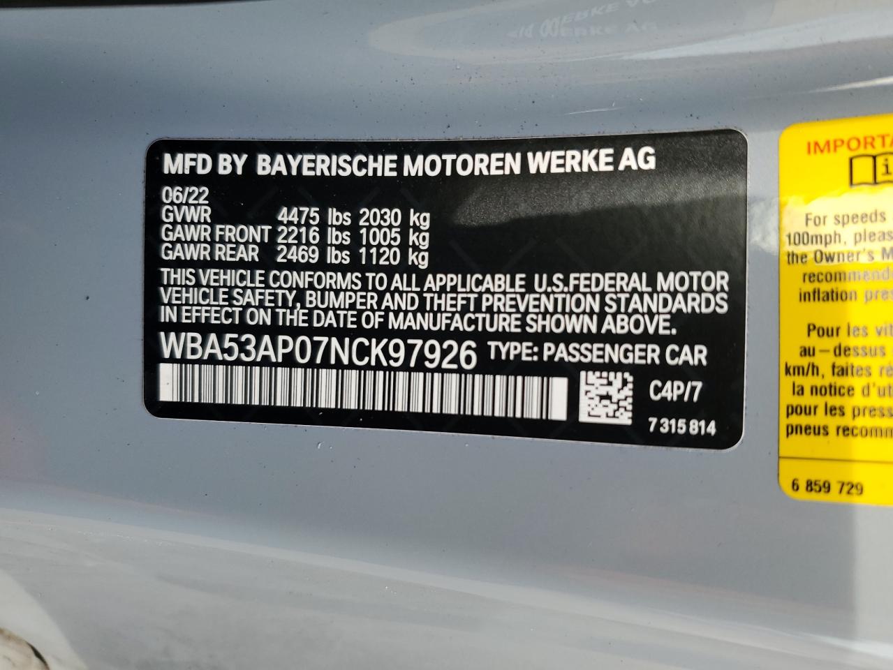2022 BMW 430I  VIN:WBA53AP07NCK97926