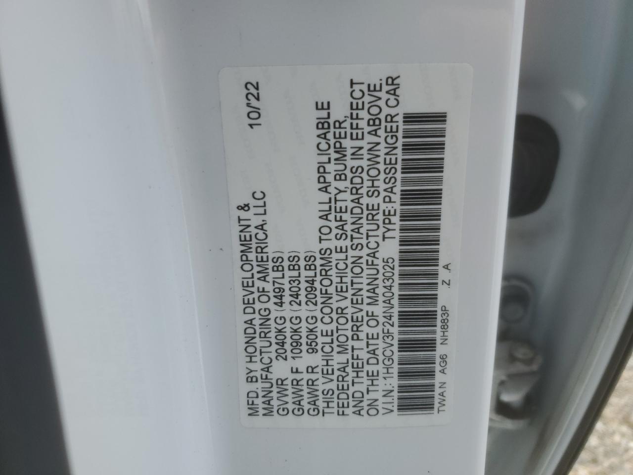 2022 HONDA ACCORD HYBRID SPORT VIN:1HGCV3F24NA043025
