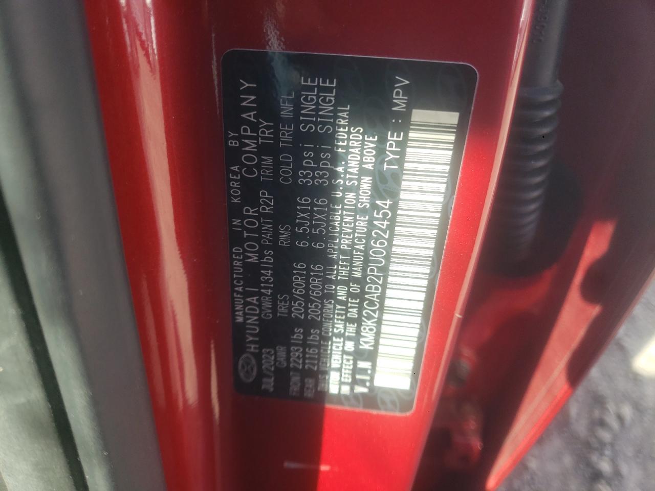 2023 HYUNDAI KONA SE VIN:KM8K2CAB2PU062454