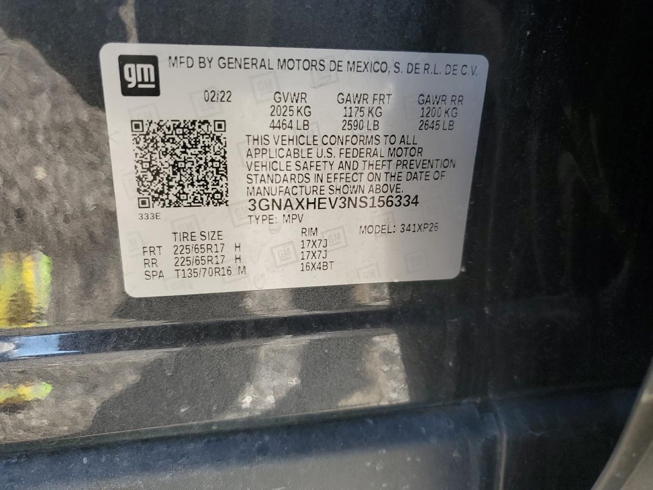 2022 CHEVROLET EQUINOX LS VIN:3GNAXHEV3NS156334