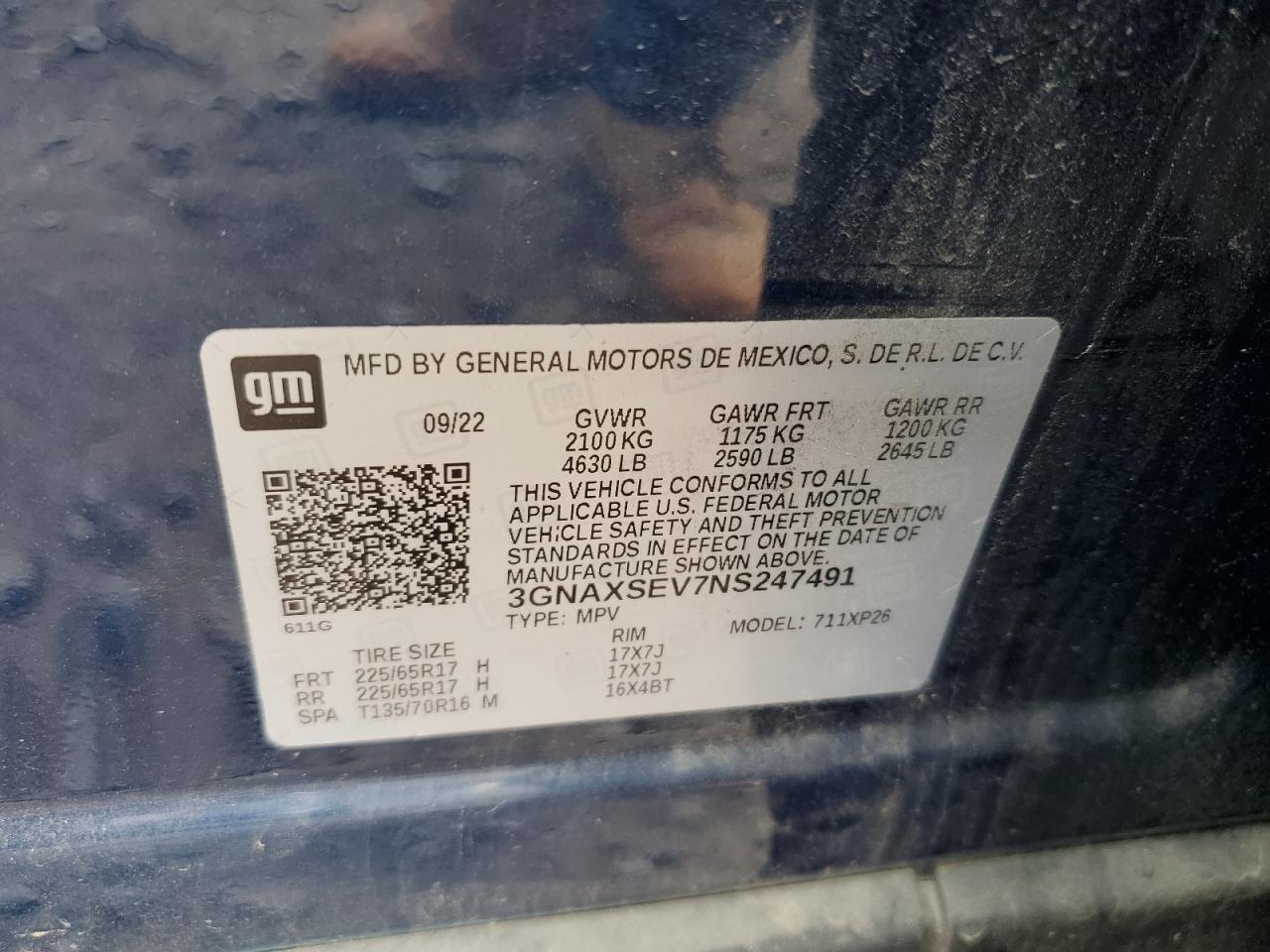 2022 CHEVROLET EQUINOX LS VIN:3GNAXSEV7NS247491