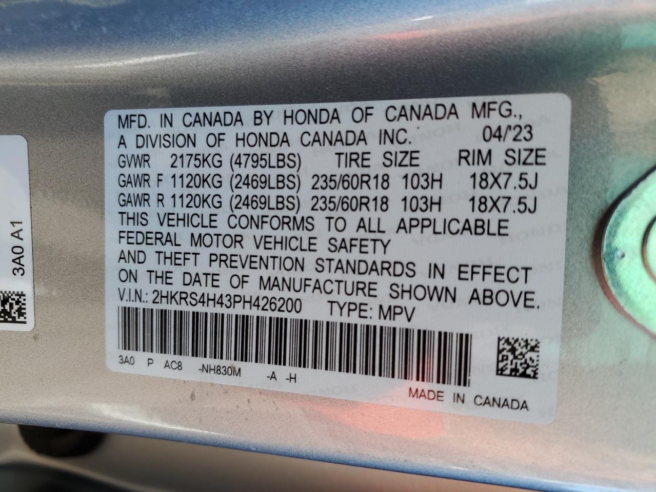2023 HONDA CR-V EX VIN:2HKRS4H43PH426200 – VIN Public