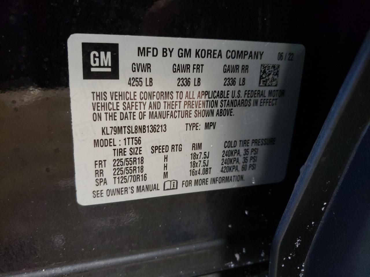 2022 CHEVROLET TRAILBLAZER RS VIN:KL79MTSL8NB136213