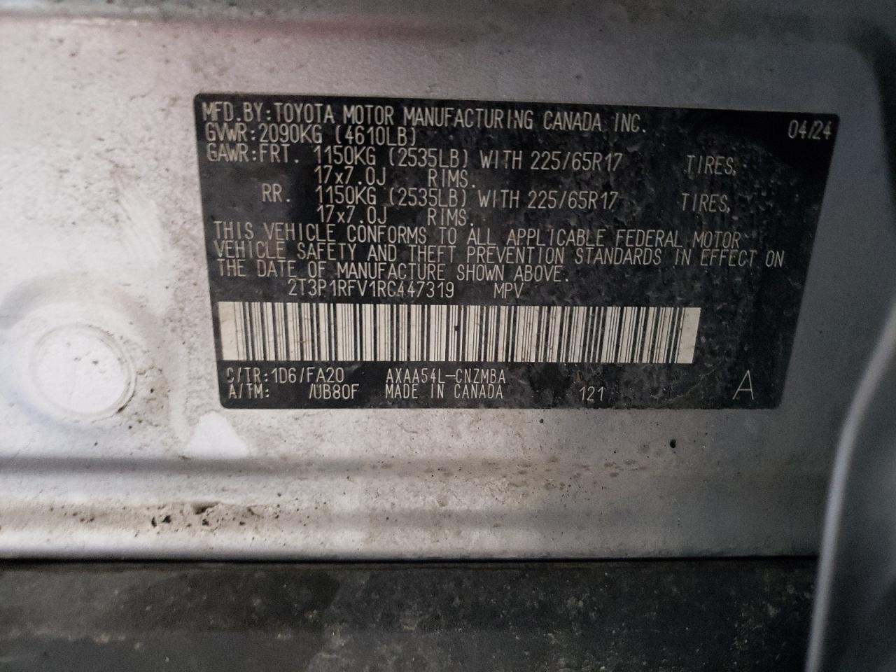 2024 TOYOTA RAV4 XLE VIN:2T3P1RFV1RC447319