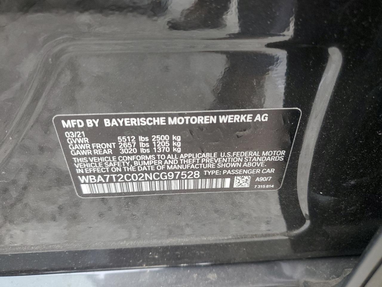 2022 BMW 740 I VIN:WBA7T2C02NCG97528