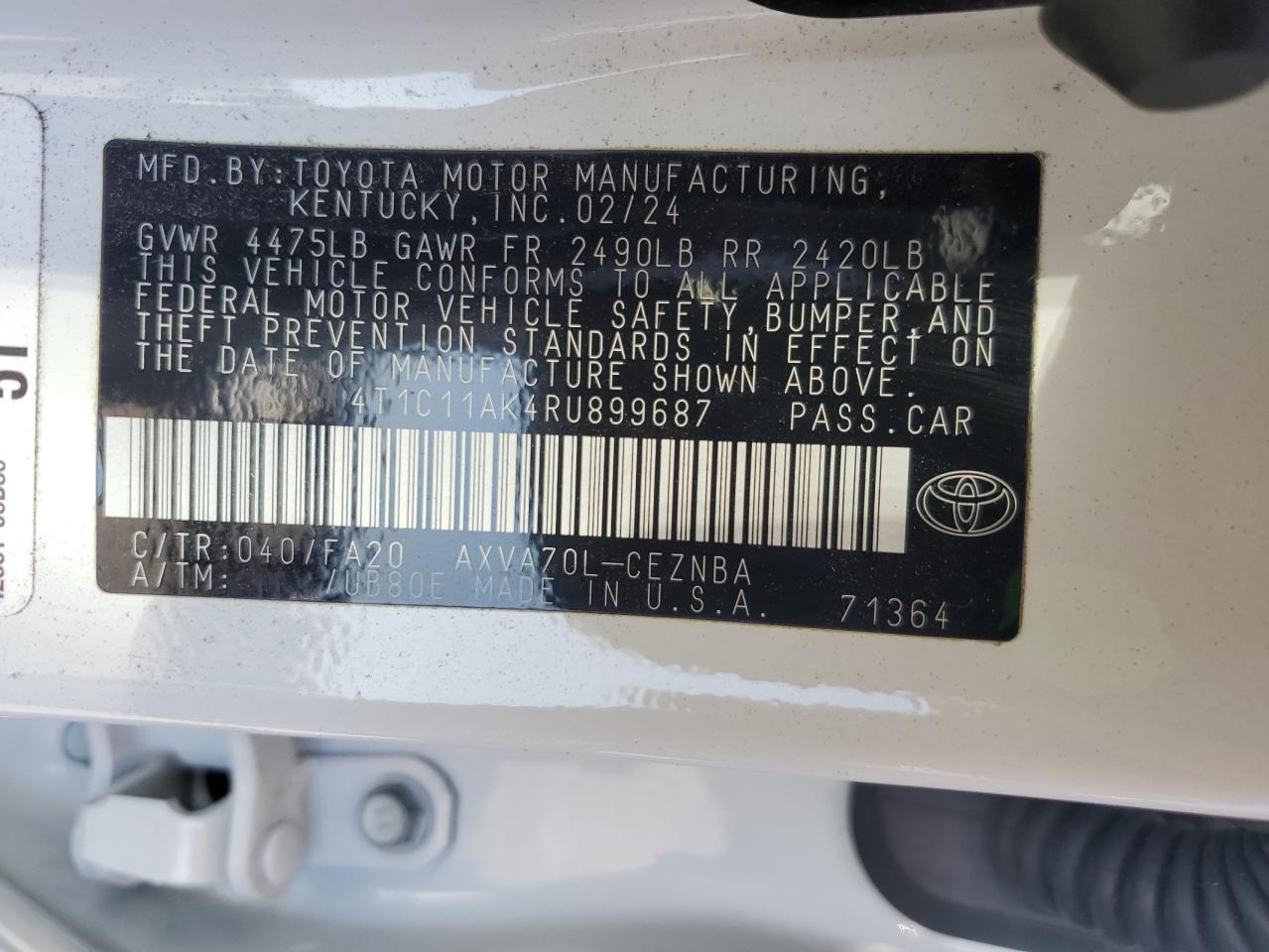 2024 TOYOTA CAMRY LE VIN:4T1C11AK4RU899687