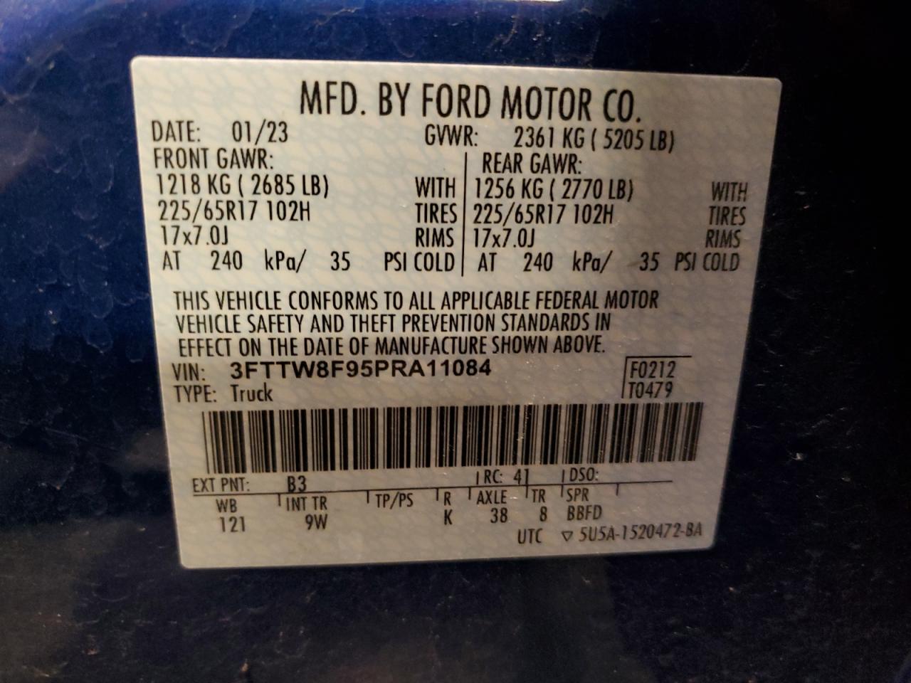 2023 FORD MAVERICK XL VIN:3FTTW8F95PRA11084