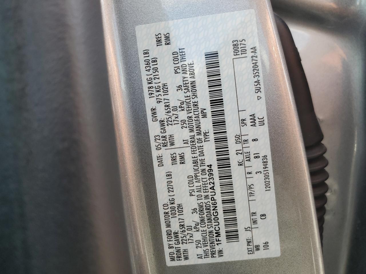 2023 FORD ESCAPE ACTIVE VIN:1FMCU0GN6PUA23994