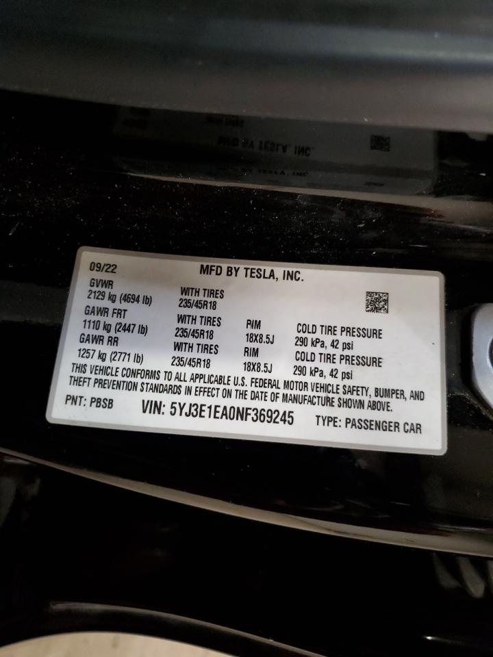 2022 TESLA MODEL 3  VIN:5YJ3E1EA0NF369245