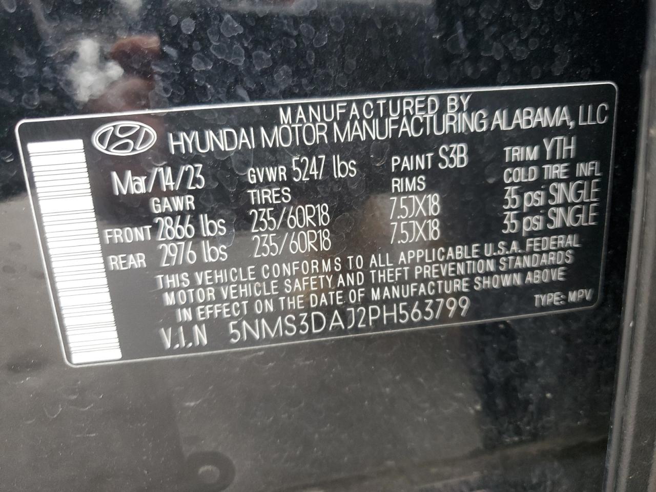2023 HYUNDAI SANTA FE SEL PREMIUM VIN:5NMS3DAJ2PH563799