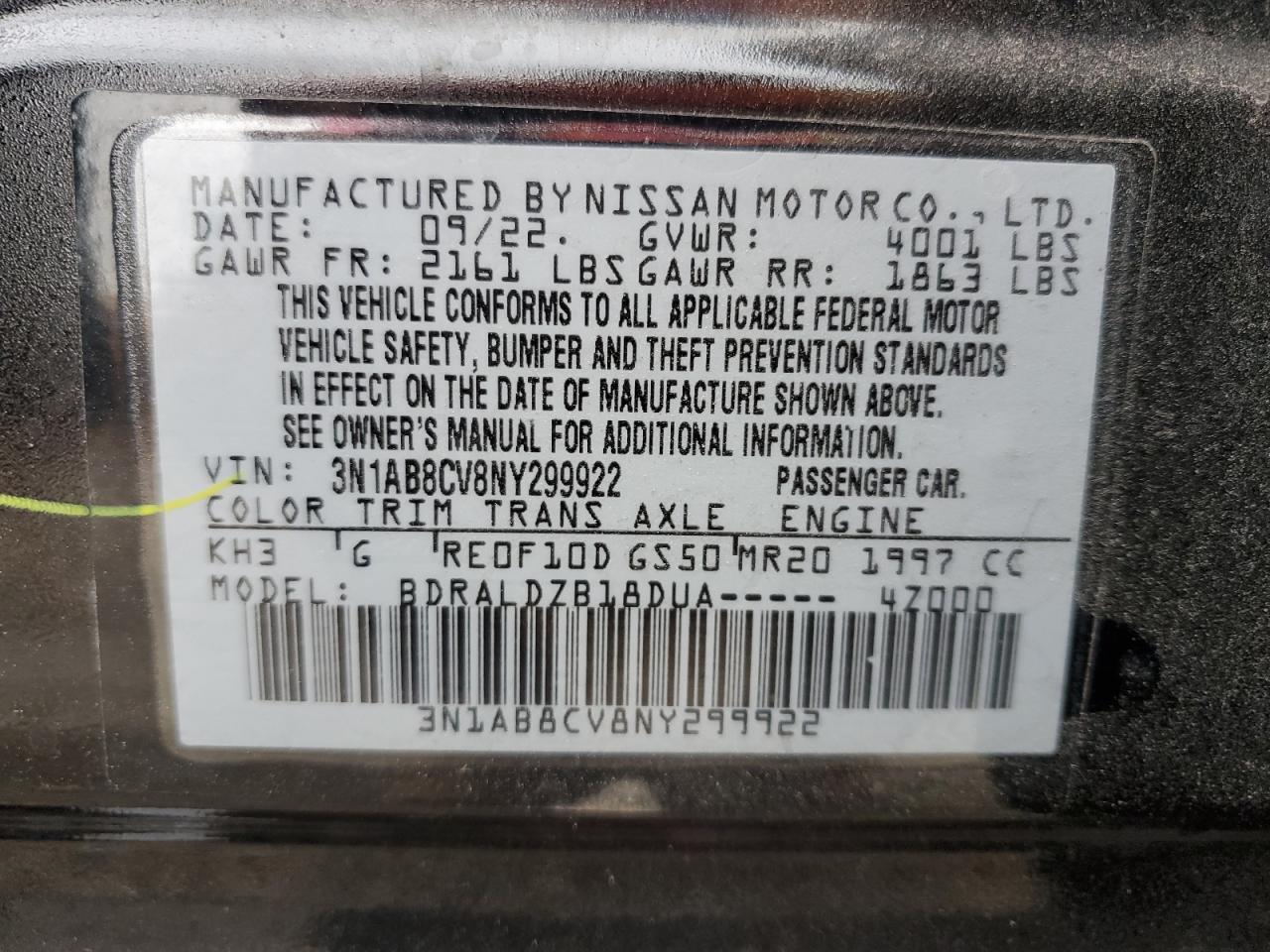 2022 NISSAN SENTRA SV VIN:3N1AB8CV8NY299922