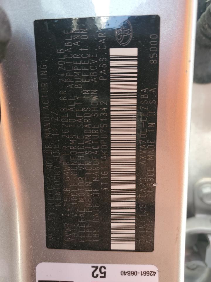 2023 TOYOTA CAMRY SE NIGHT SHADE VIN:4T1G11AK0PU751342