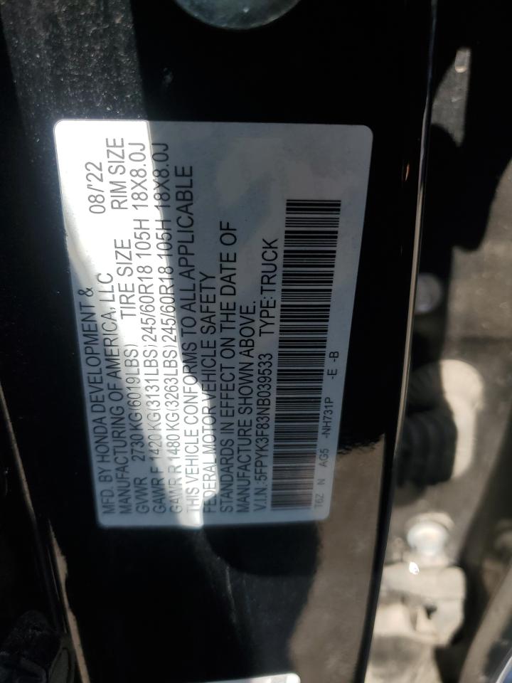 2022 HONDA RIDGELINE BLACK EDITION VIN:5FPYK3F83NB039533