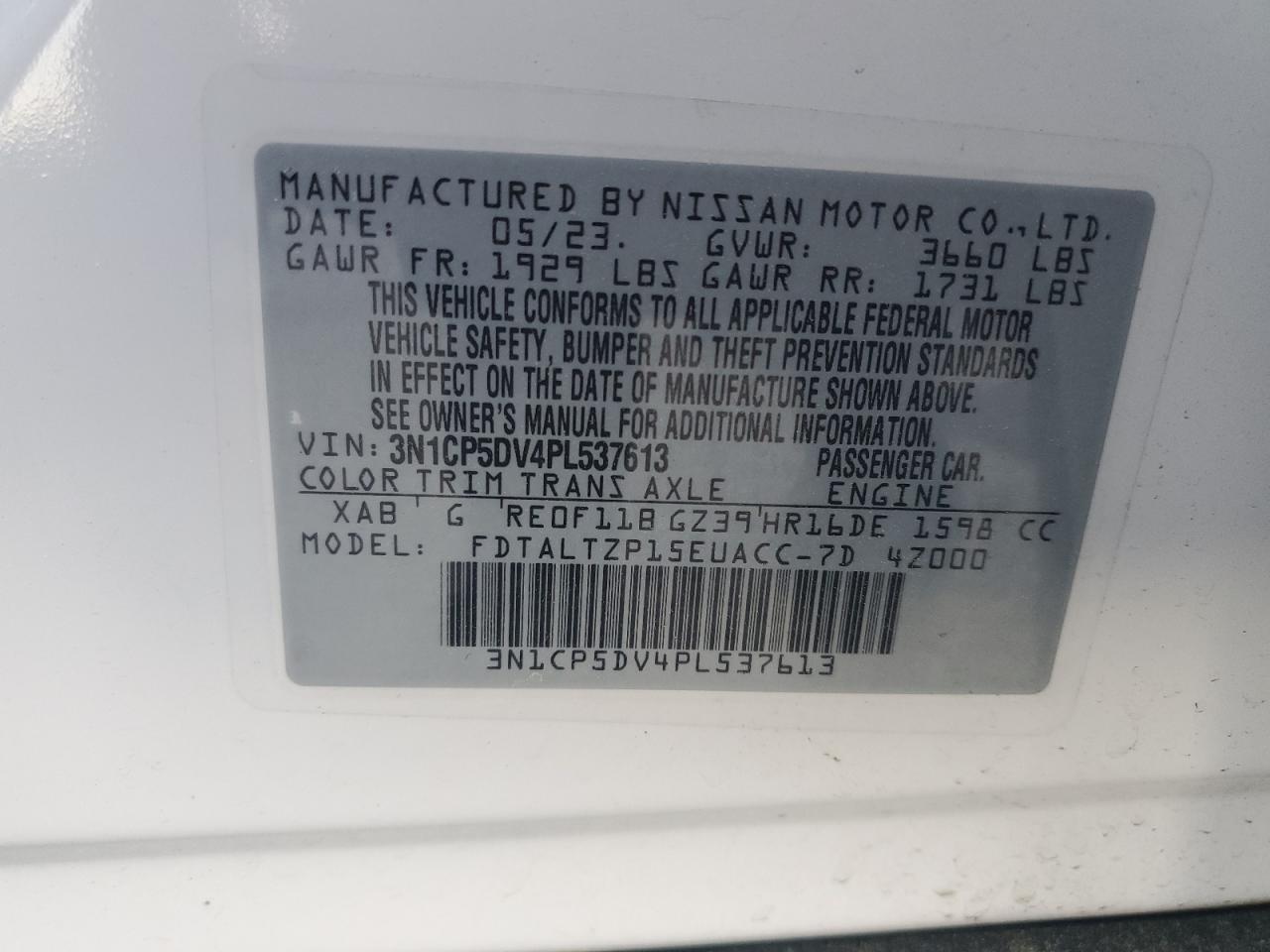 2023 NISSAN KICKS SR VIN:3N1CP5DV4PL537613