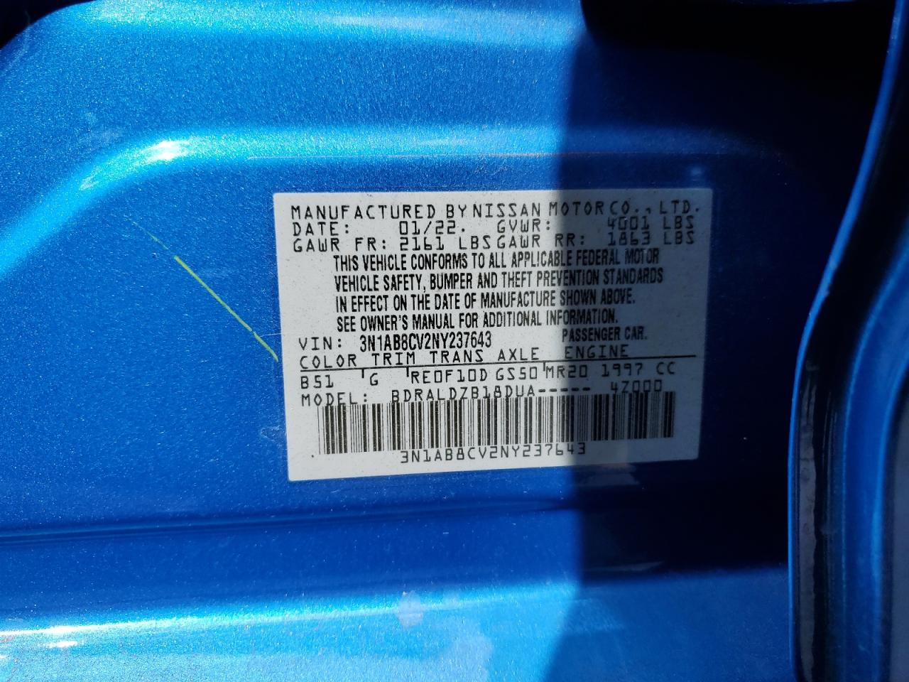 2022 NISSAN SENTRA SV VIN:3N1AB8CV2NY237643