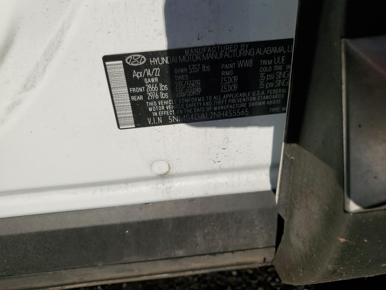 2022 HYUNDAI SANTA FE LIMITED VIN:5NMS4DAL2NH455565