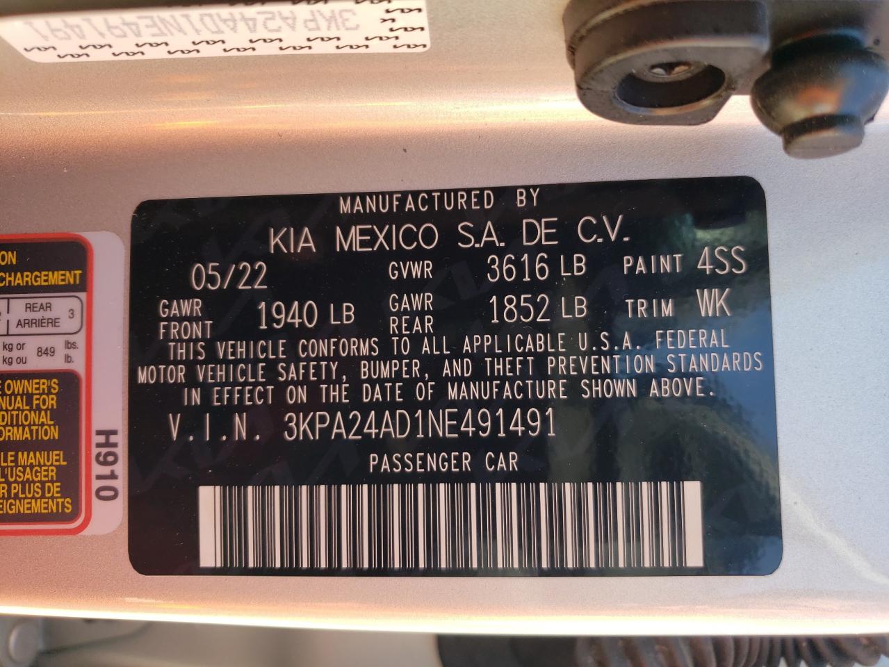 2022 KIA RIO LX VIN:3KPA24AD1NE491491