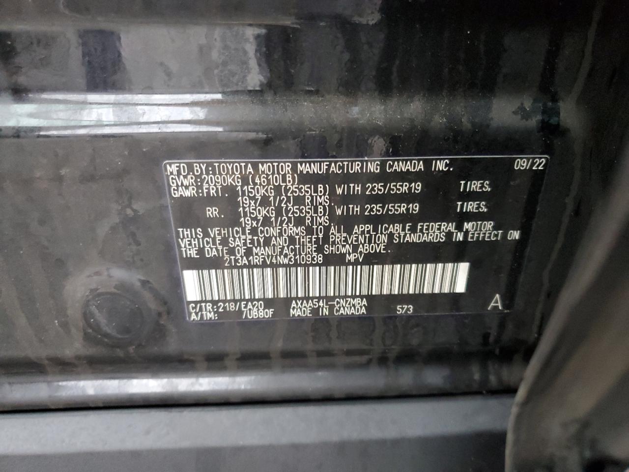 2022 TOYOTA RAV4 XLE PREMIUM VIN:2T3A1RFV4NW310938