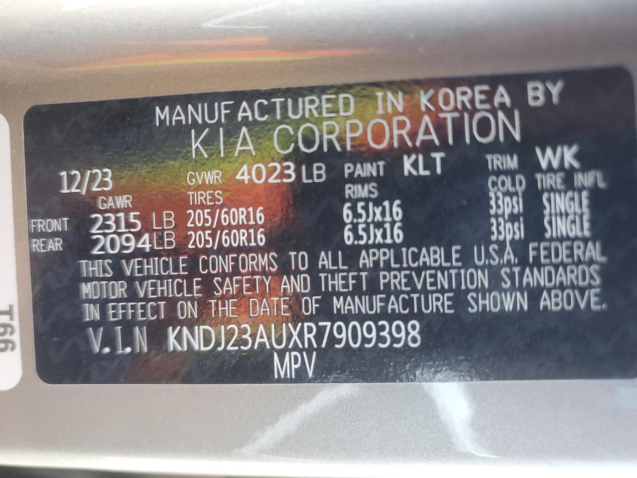 2024 KIA SOUL LX VIN:KNDJ23AUXR7909398