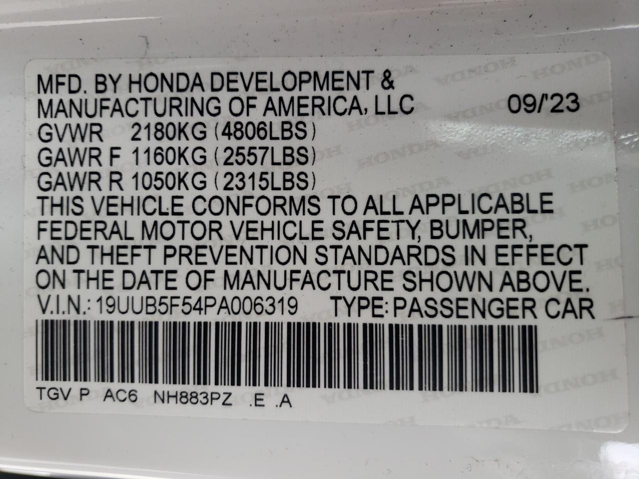 2023 ACURA TLX TECH A VIN:19UUB5F54PA006319