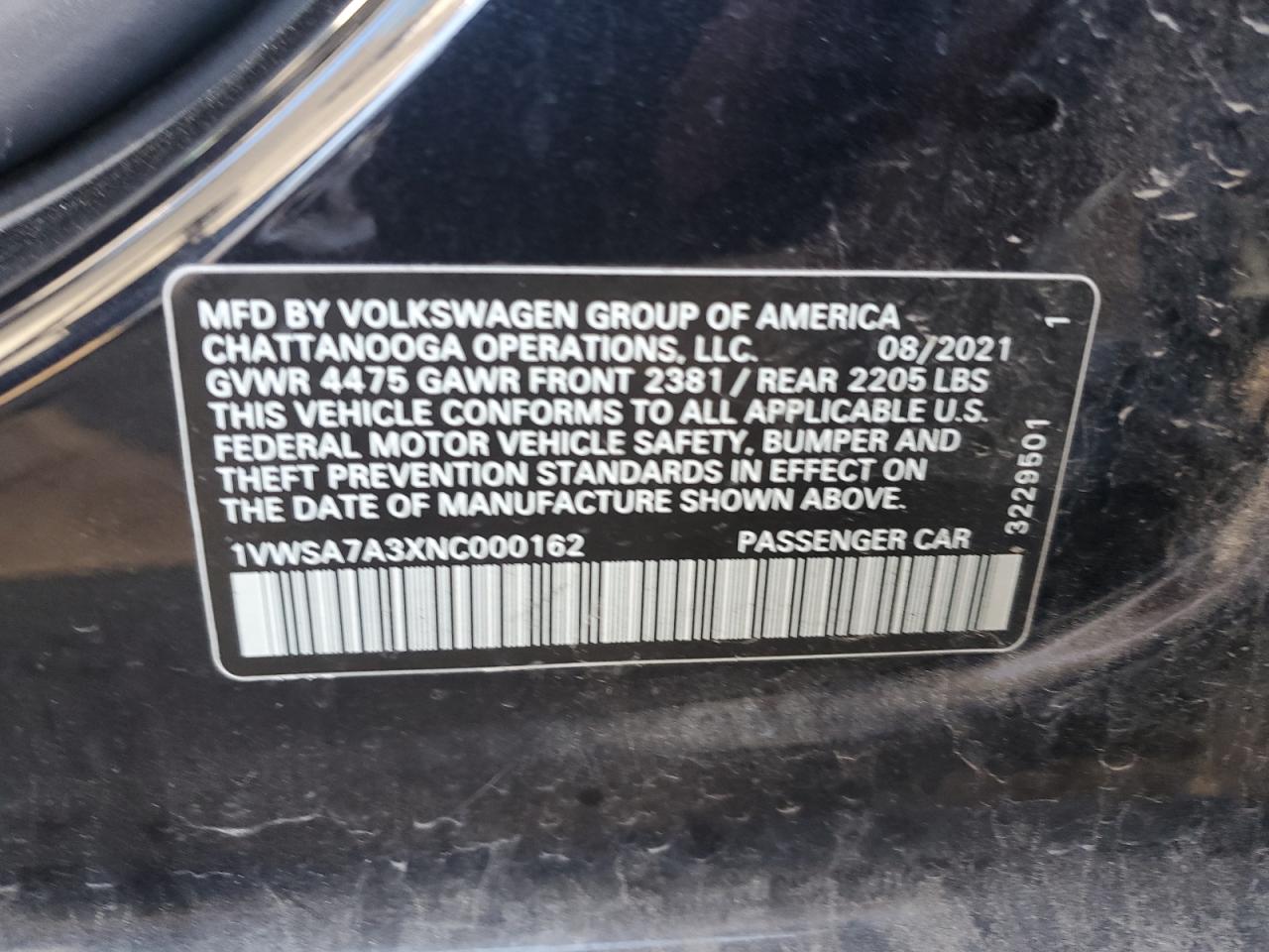 2022 VOLKSWAGEN PASSAT SE VIN:1VWSA7A3XNC000162