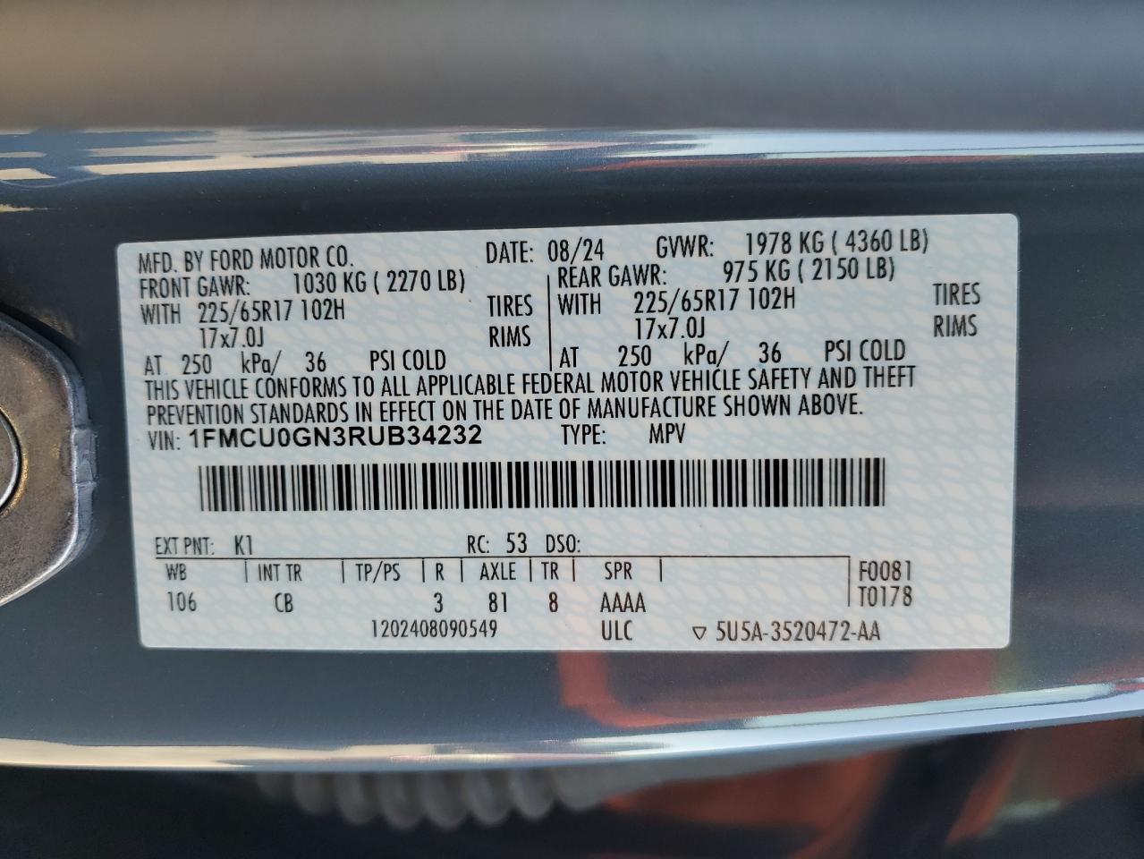 2024 FORD ESCAPE ACTIVE VIN:1FMCU0GN3RUB34232