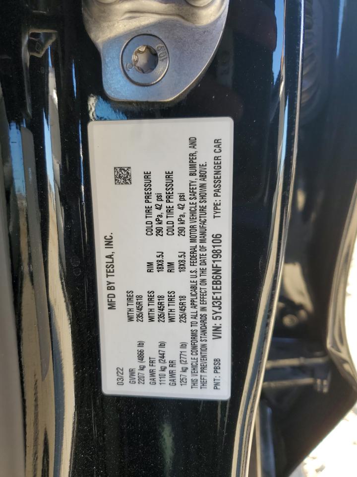 2022 TESLA MODEL 3  VIN:5YJ3E1EB6NF198106
