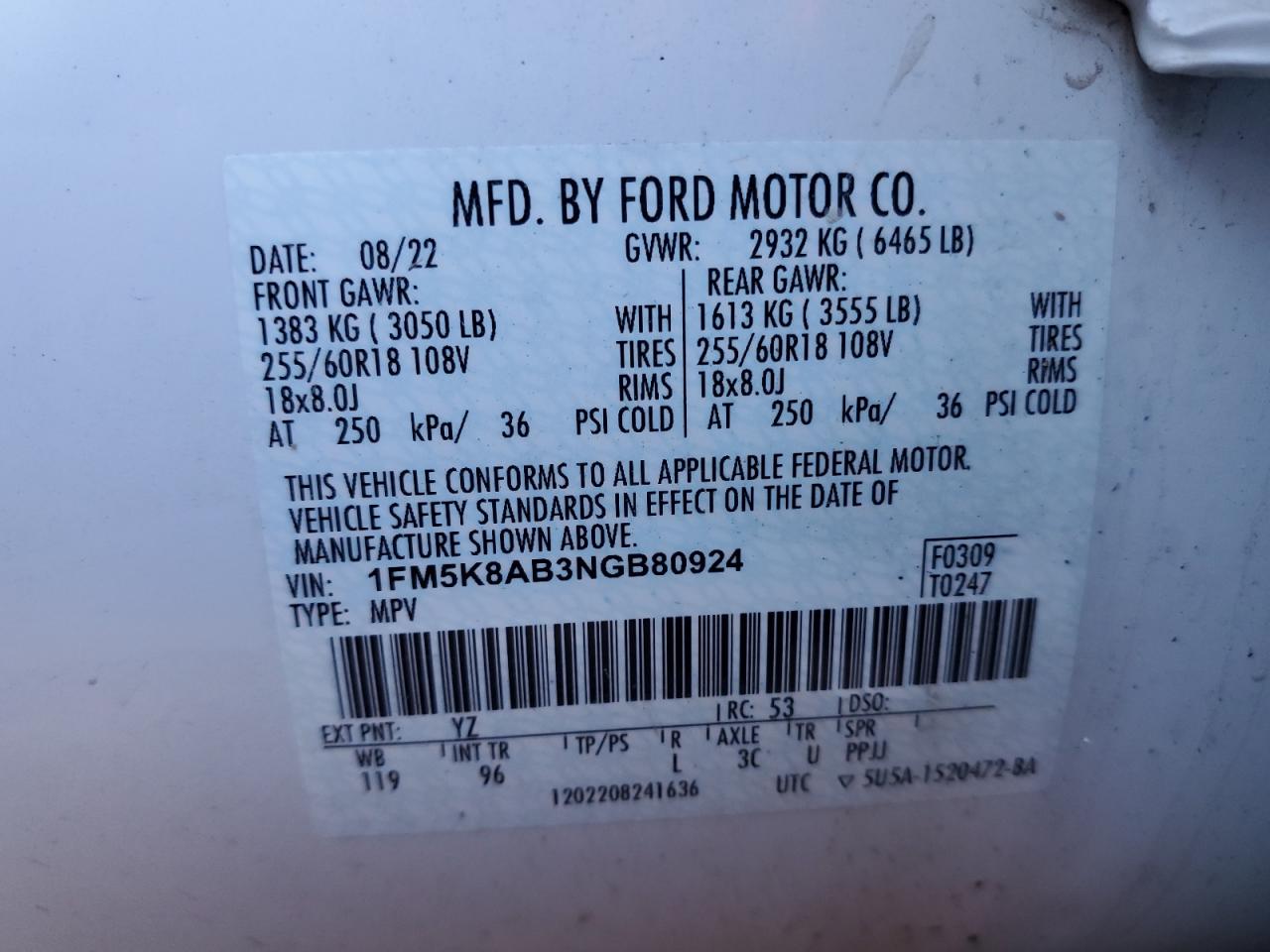 2022 FORD EXPLORER POLICE INTERCEPTOR VIN:1FM5K8AB3NGB80924