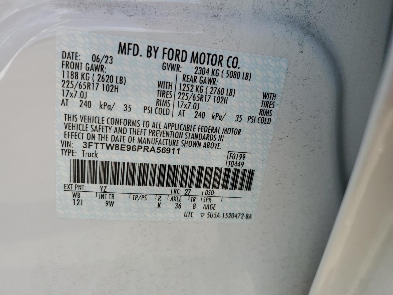 2023 FORD MAVERICK XL VIN:3FTTW8E96PRA56911
