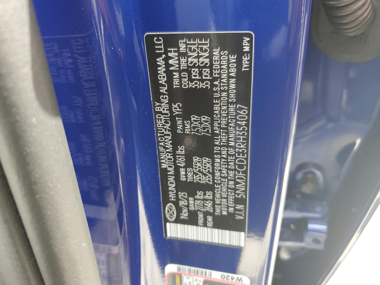 2024 HYUNDAI TUCSON SEL VIN:5NMJFCDE3RH354067