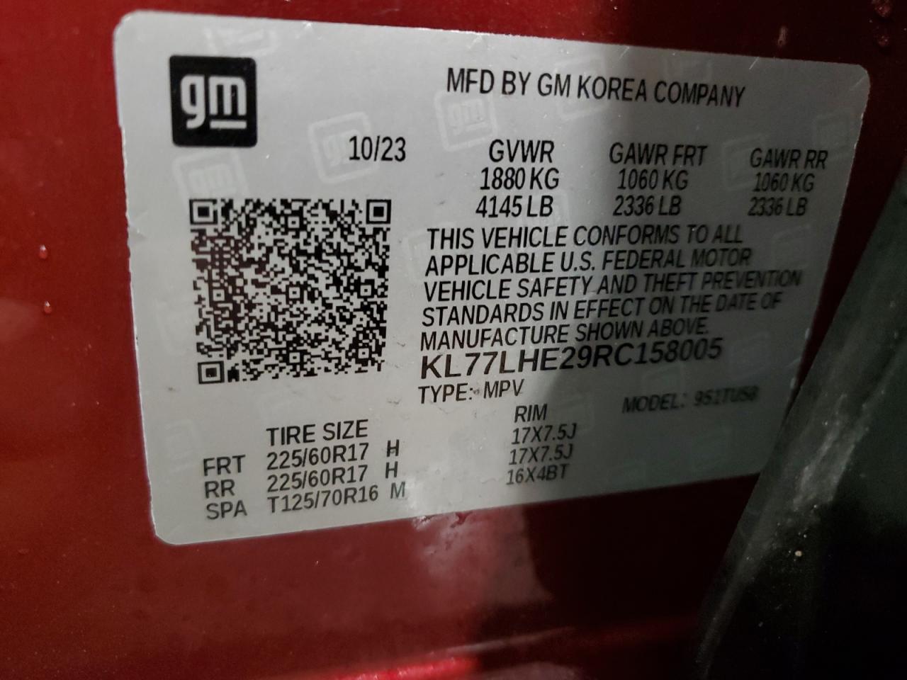 2024 CHEVROLET TRAX 1LT VIN:KL77LHE29RC158005