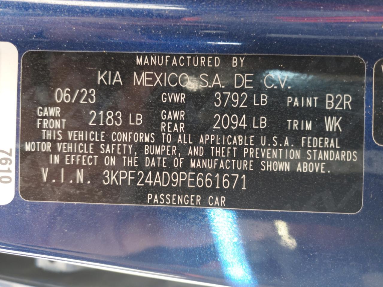 2023 KIA FORTE LX VIN:3KPF24AD9PE661671