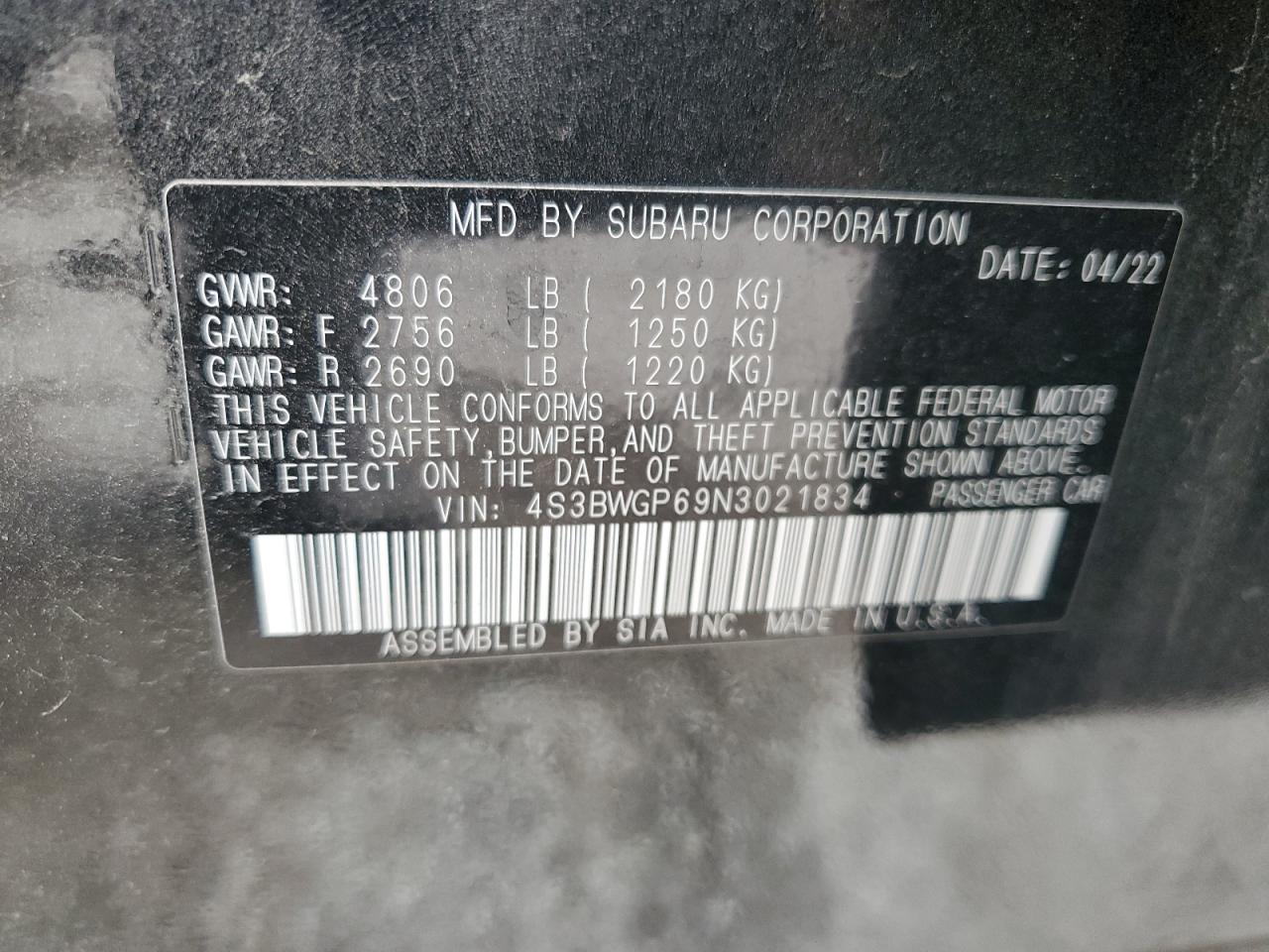 2022 SUBARU LEGACY TOURING XT VIN:4S3BWGP69N3021834