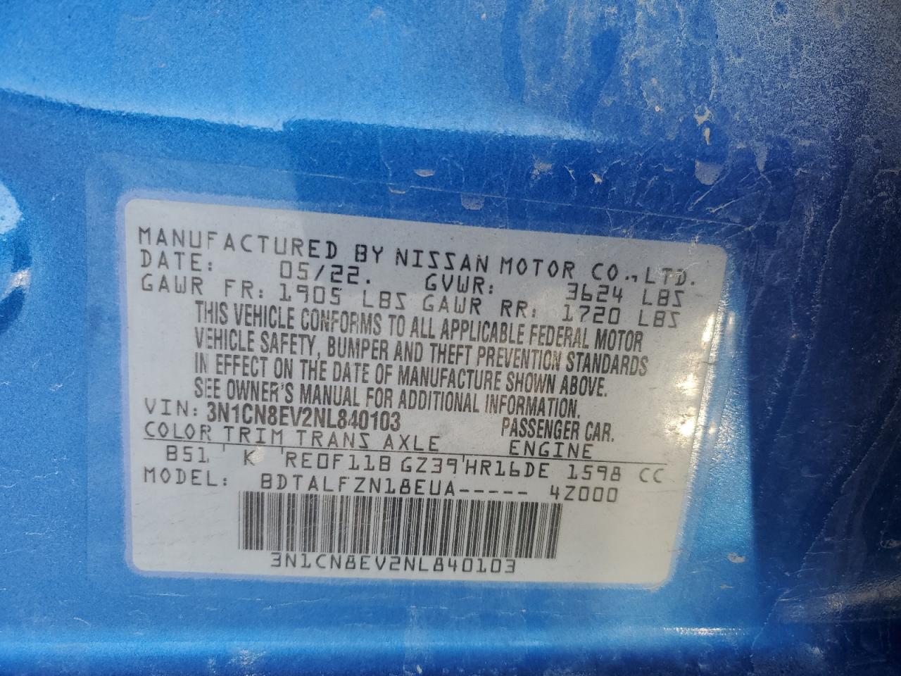 2022 NISSAN VERSA SV VIN:3N1CN8EV2NL840103