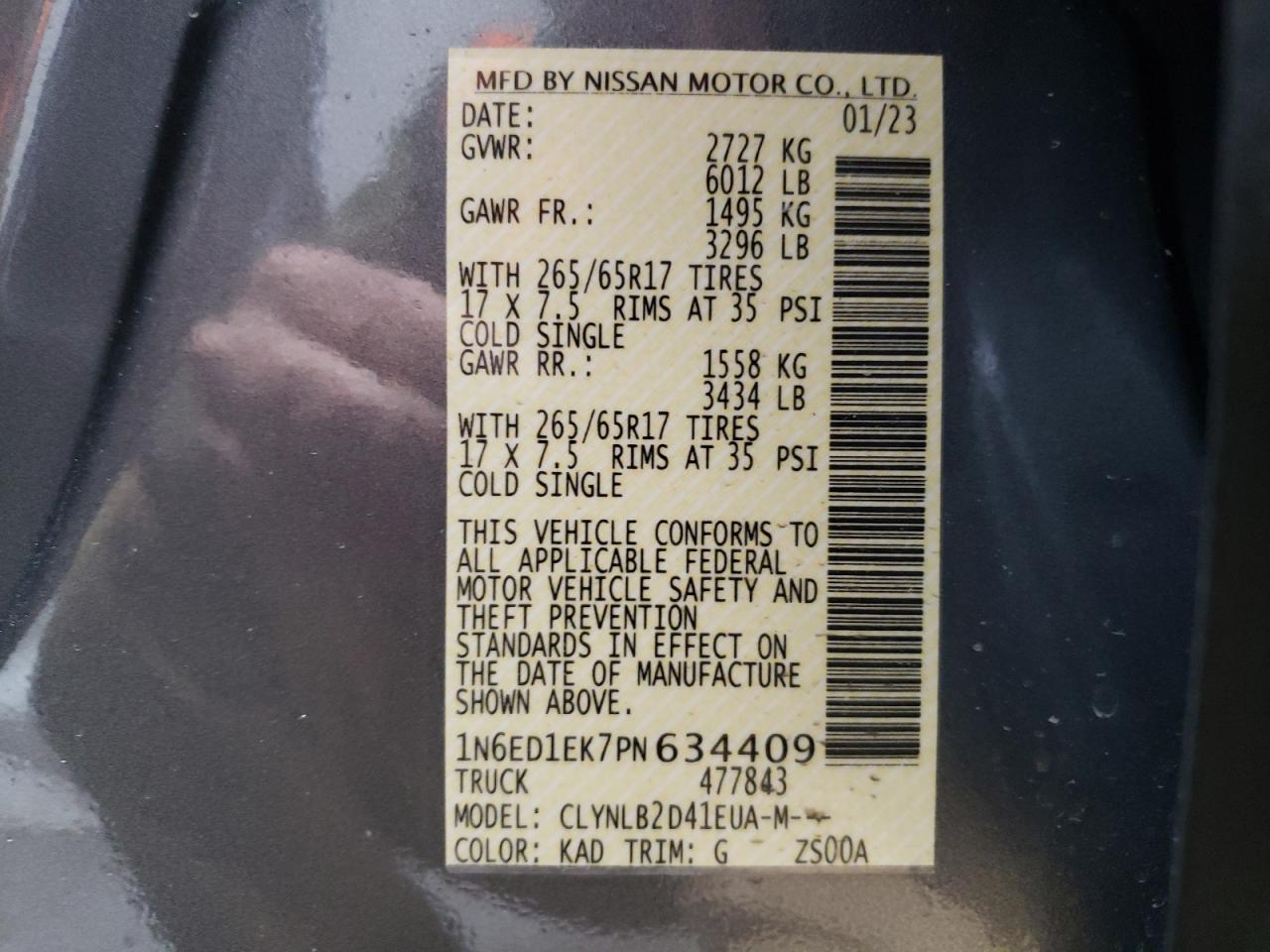 2023 NISSAN FRONTIER S VIN:1N6ED1EK7PN634409