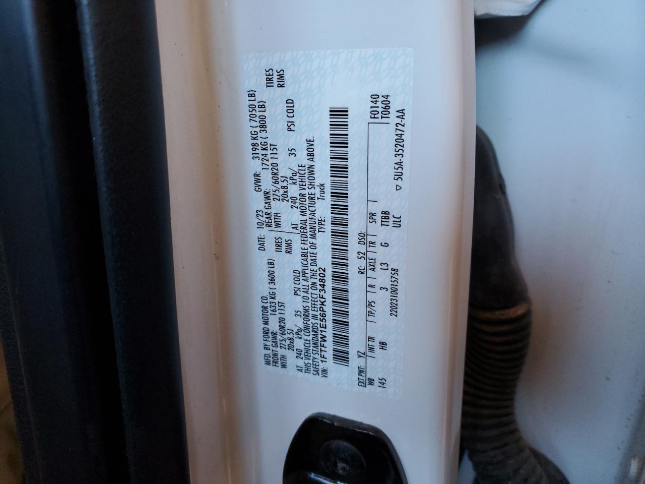 2023 FORD F150 SUPERCREW VIN:1FTFW1E56PKF34802