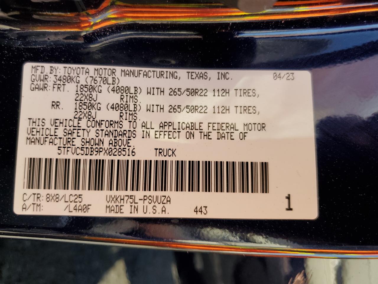 2023 TOYOTA TUNDRA CREWMAX CAPSTONE VIN:5TFVC5DB9PX028516