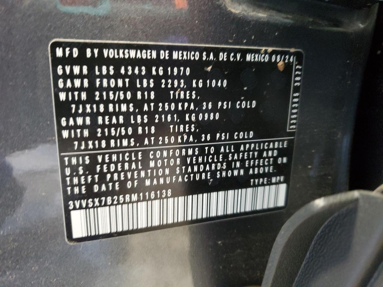 2024 VOLKSWAGEN TAOS SE VIN:3VVSX7B25RM116138