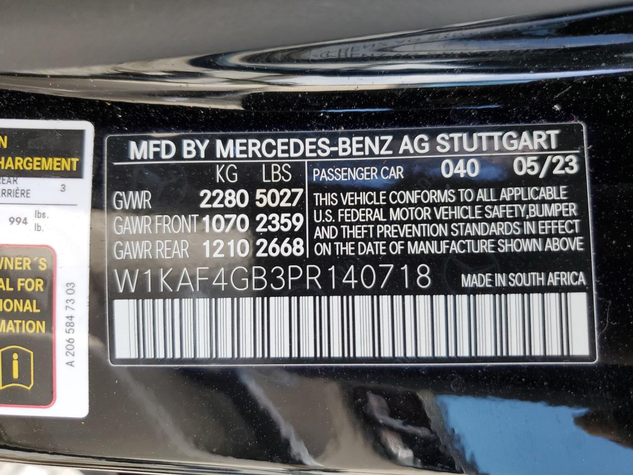 2023 MERCEDES-BENZ C 300 VIN:W1KAF4GB3PR140718