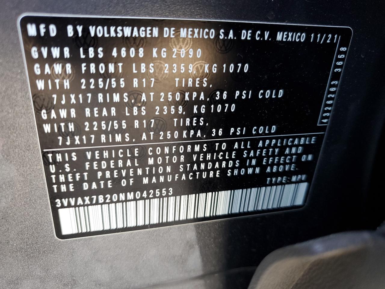 2022 VOLKSWAGEN TAOS S VIN:3VVAX7B20NM042553