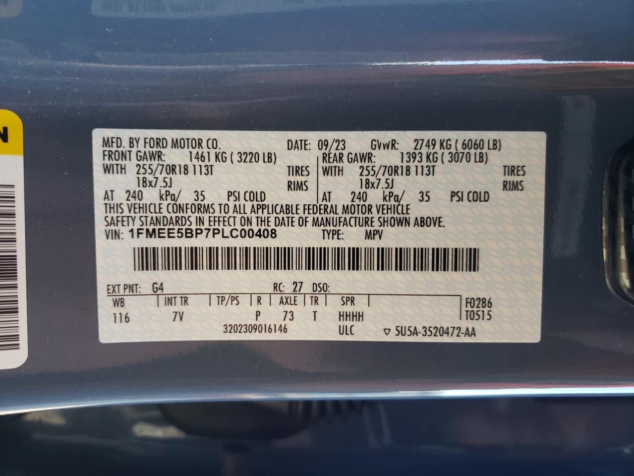 2023 FORD BRONCO BASE VIN:1FMEE5BP7PLC00408