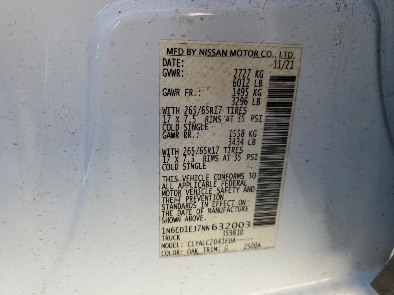 2022 NISSAN FRONTIER S VIN:1N6ED1EJ7NN632003